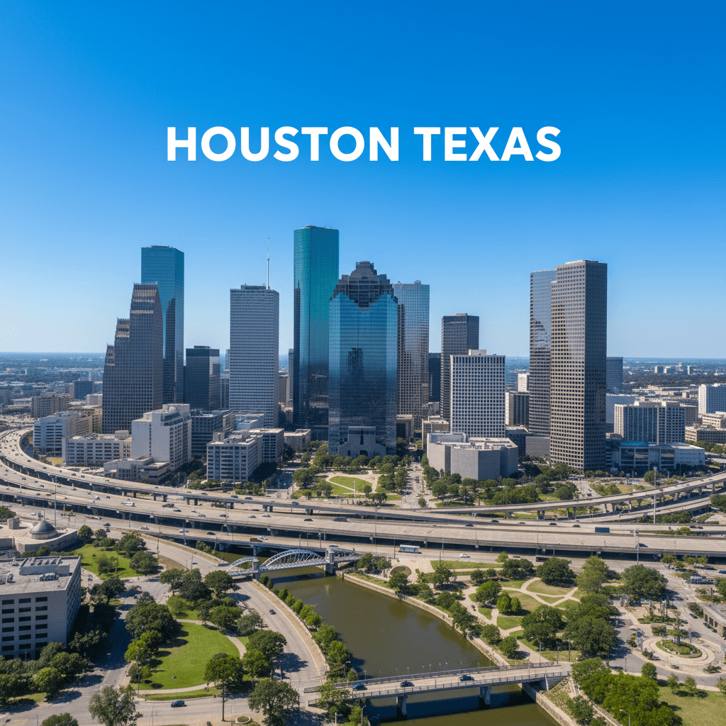 Houston Texas downtown skyline with modern office buildings and urban landscape, city skyline at day with clear visibility
