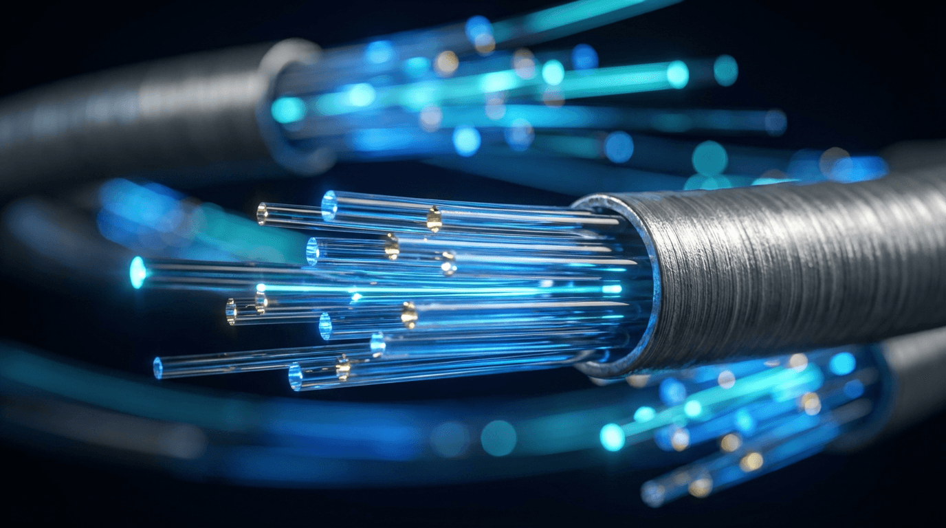 Glowing blue fiber optic cable strands in macro detail with light pulsing through cores against dark background.
